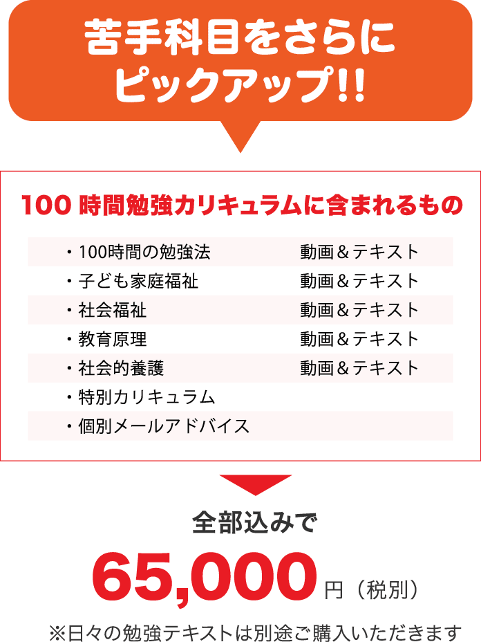 苦手科目をさらにピックアップ 100時間勉強カリキュラムにふくまれるもの 100時間の勉強法、子ども家庭福祉、社会福祉、教育原理、社会的用語、特別カリキュラム、個別メールアドバイス